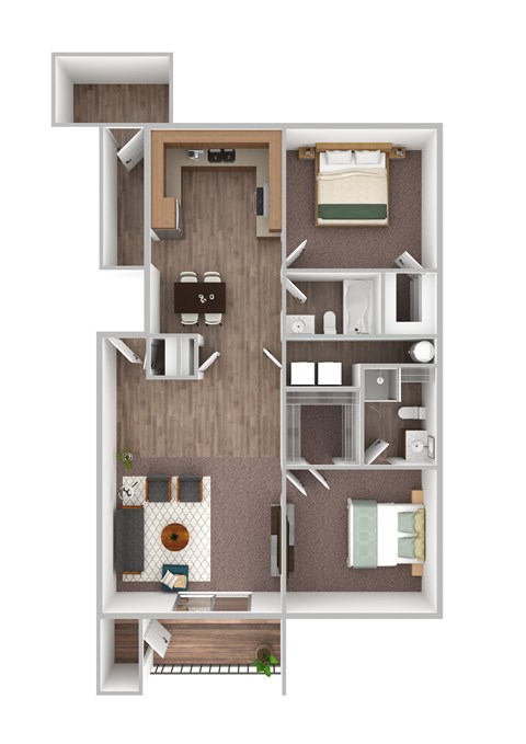 A floor plan of a small apartment with a kitchen, living room, and two bedrooms.